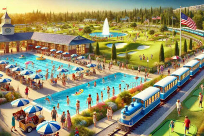 DALLE 2024 08 16 050052 A v 1 क्रीकमोर पार्क आपका बेहतरीन फोर्ट स्मिथ खेल का मैदान जिसमें पूल, मिनी गोल्फ़ और निःशुल्क ट्रेन की सवारी शामिल है