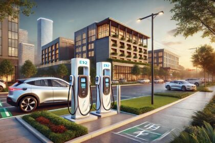 DALLE 2024 08 26 181033 A high definition realistic landscape image of a modern electric vehicle EV ओडल्स एनर्जी ने ईवी चार्जिंग नेटवर्क का विस्तार किया