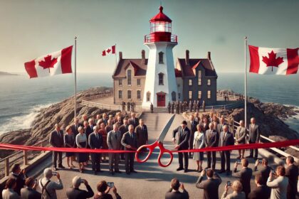 DALLE 2024 09 14 213758 A realistic high definition image of a ribbon cutting ceremony at the Louisb लुइसबर्ग लाइटहाउस: एक समुद्री स्थल के संरक्षण का जश्न