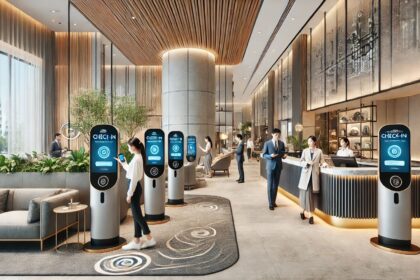 DALLE 2024 09 24 183909 A modern hotel lobby featuring advanced technology such as self check in kio कनाडाई होटल व्यवसायी: 2025 में सफलता की कुंजी इन पीएमएस प्रौद्योगिकियों में निहित है