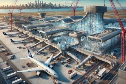 DALLE 2024 09 25 161840 A modern bustling airport terminal under construction at JFK Airport in New न्यूयॉर्क जॉन एफ. कैनेडी अंतर्राष्ट्रीय हवाई अड्डा नए टर्मिनल वन और नियोस का स्वागत करता है
