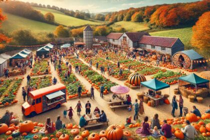 DALLE 2024 09 27 163735 A vibrant autumn festival scene in the UK countryside showcasing a pumpkin f शरद ऋतु में खुद को डुबोएं: ब्रिटेन के अविस्मरणीय अनुभव