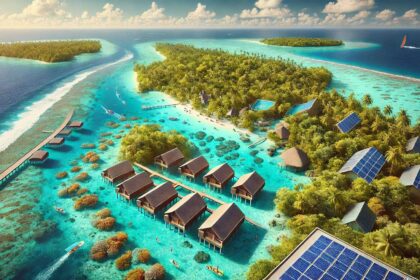 DALLE 2024 09 28 163850 A high definition realistic landscape scene of the Maldives focusing on sust संयुक्त राज्य अमेरिका, फ्रांस, जर्मनी, चीन और शेंगेन देशों सहित 198 देशों की वीज़ा मुक्त यात्रा के साथ मालदीव पर्यटन में वृद्धि