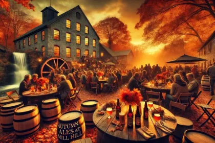 DALLE 2024 10 05 160135 A cinematic Hollywood style scene set at a fall festival in Norwalk Connecti कनेक्टिकट के नॉरवॉक में मिल हिल में ऑटम एल्स, 10 अक्टूबर, 2024 को न्यू इंग्लैंड ब्रूइंग इतिहास के साथ क्राफ्ट बीयर चखने का कार्यक्रम आयोजित किया गया।