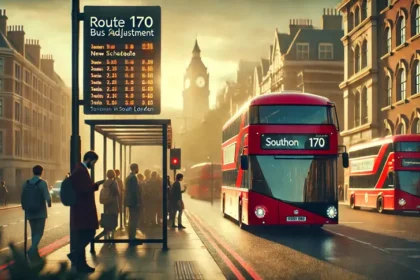 DALLE 2024 10 23 111729 A cinematic style image depicting Londons Route 170 bus schedule adjustment लंदन के रूट की नई 170 बस अनुसूची को भीड़भाड़ और देरी से निपटने के लिए समायोजित किया गया, जिससे दक्षिण लंदन में आवागमन में वृद्धि हुई।