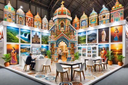 DALLE 2024 11 01 193441 A vibrant exhibition stall at a travel expo showcasing Goas cultural and nat गोवा पर्यटन डब्ल्यूटीएम लंदन 2024 में पुनर्योजी पर्यटन और 'गोवा बियॉन्ड बीचेज' का प्रदर्शन करेगा: गंतव्य के नए आयामों की खोज करें