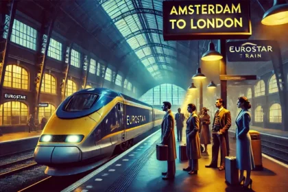 DALLE 2024 11 02 155942 A cinematic photo inspired by a Quentin Tarantino film style depicting a sce यूरोस्टार की सीधी एम्स्टर्डम-लंदन सेवा फरवरी 2025 में फिर से शुरू: विस्तारित क्षमता और नई सुविधाएं सीमा पार रेल यात्रा को बढ़ावा देती हैं