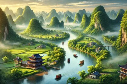 DALLE 2024 11 04 185851 A vibrant and realistic landscape of Guangxi China featuring lush green hill गुआंग्शी पर्यटन पर एक नया रूप: जेन जेड प्रभावशाली और वैश्विक पत्रकार तटीय चीन में पारंपरिक शिल्प और पर्यावरण के प्रति जागरूक विकास पर प्रकाश डालते हैं
