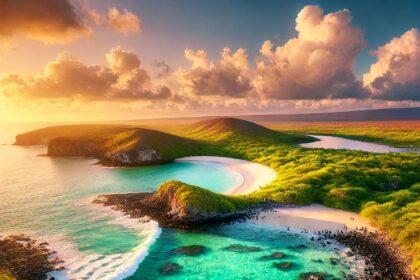 DALLE 2024 11 05 182626 A stunning high definition landscape view of the Galapagos Islands at sunris गैलापागोस क्रूज़ और अफ़्रीकी सफ़ारी अधिग्रहणों के साथ साहसिक पर्यटन बढ़ने से न्यूयॉर्क स्थित लिंडब्लाड एक्सपीडिशन ने तीसरी तिमाही में रिकॉर्ड राजस्व अर्जित किया
