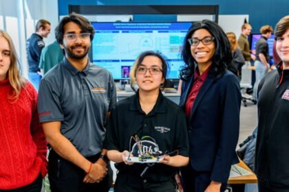 photo Five Indiana engineering students built a 12-hour wearable that helps visually impaired users detect obstacles beyond a cane or guide dog